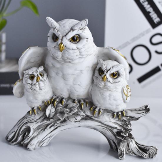 Owl Family Resin Figurines, Rustic Tree Branch Animal Statues, American Country Home Decor for Living Room TV Stand Bookshelf Bedroom, Unique