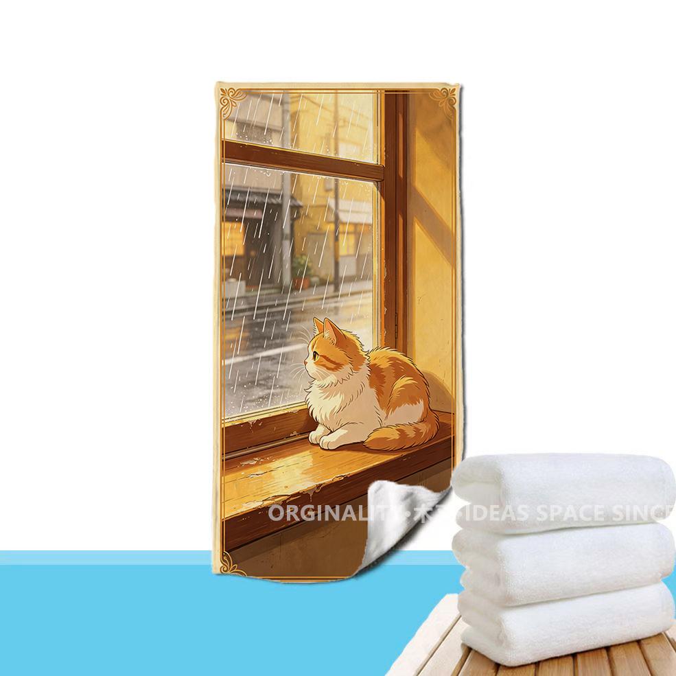 Cozy Rainy Cat Scene Beach Towel Patterned Sunscreen And Windproof Suitable For Swimming Pool Camping Travel Blanket
