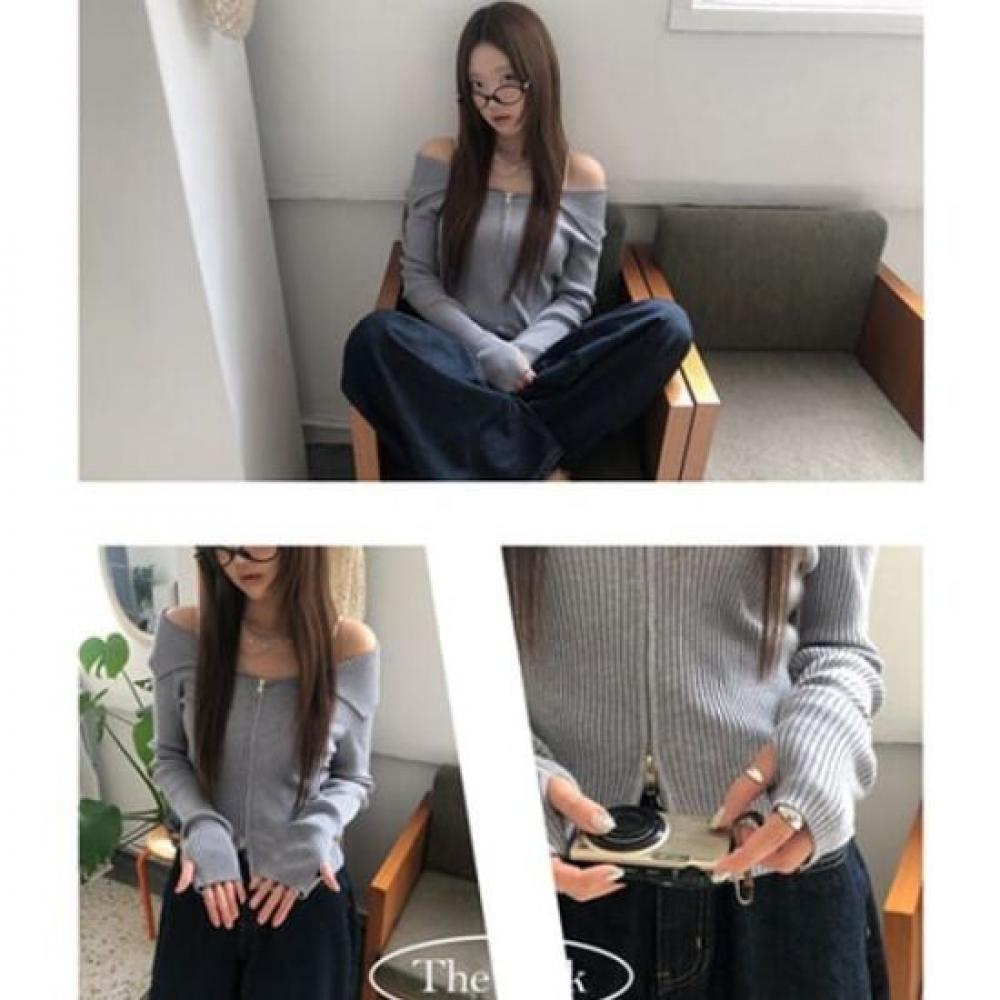 The Pink Slim Fit Off Shoulder Two Way Ribbed Knit Zip Up
