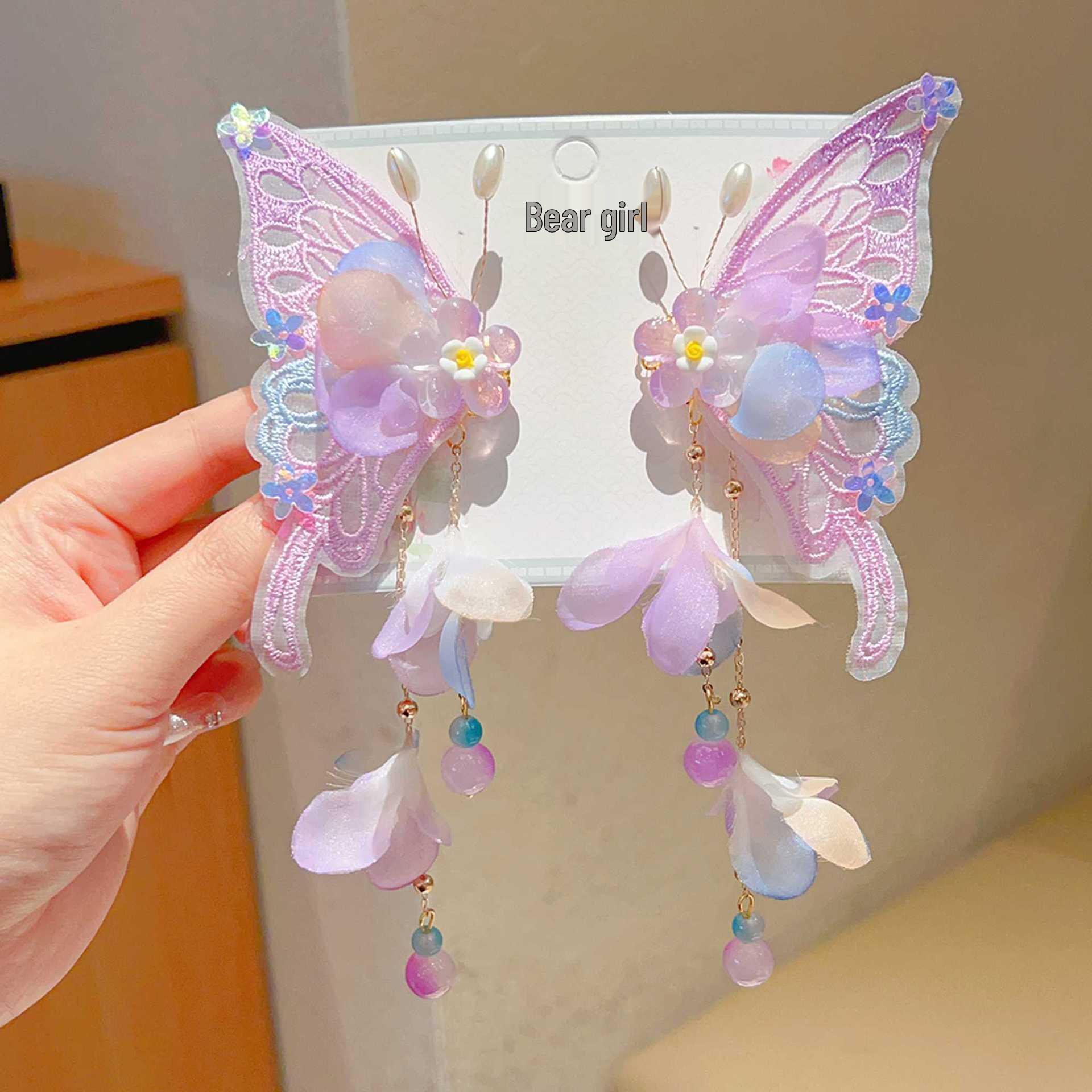 Girls Hanfu Hair Accessories: Embroidered Flower & Butterfly Clips
