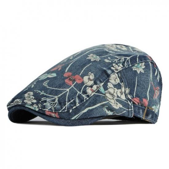 Retro Lady Denim Newsboy Cap Floral Print Beret Flat Hat Ethnic Cabbie Baker Boy