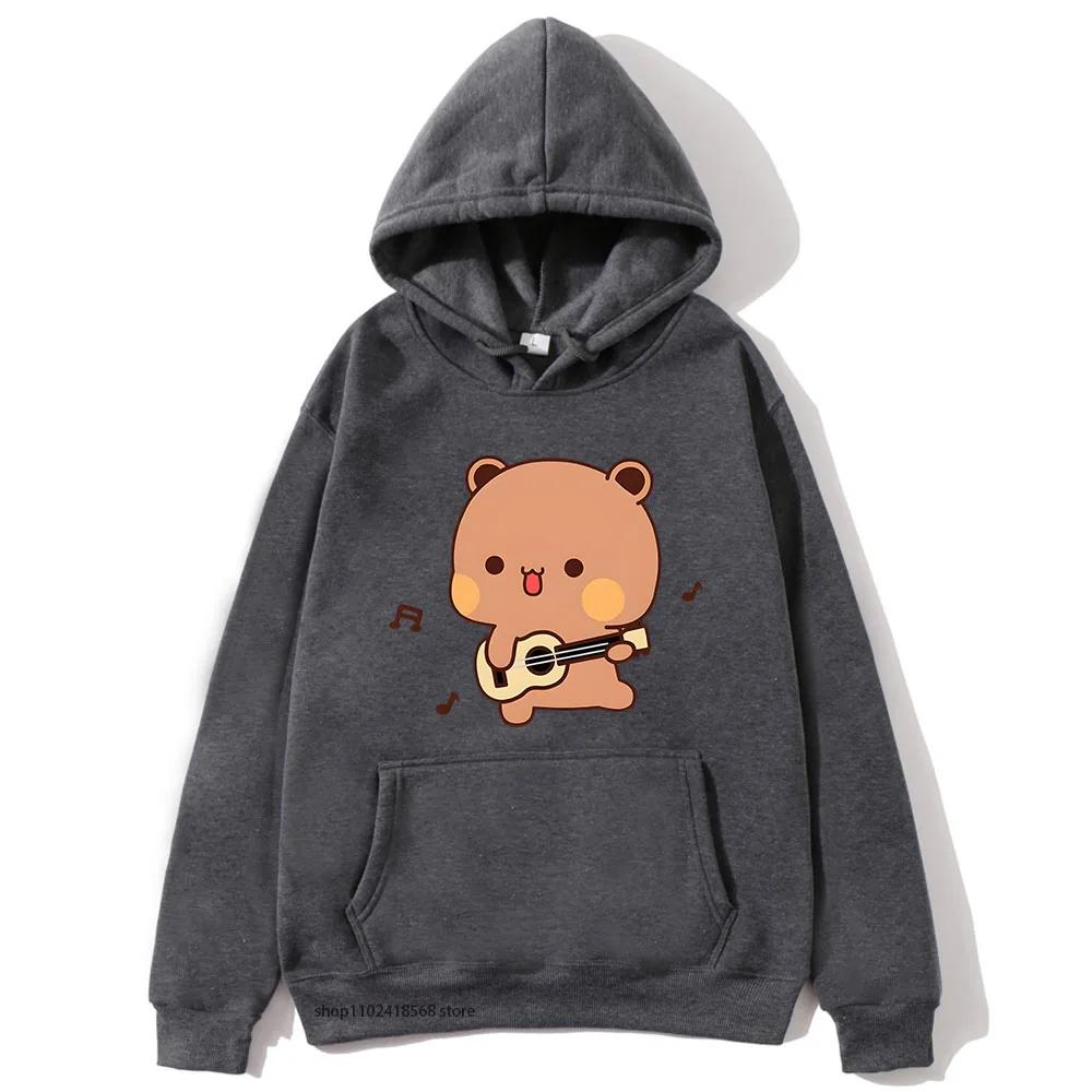 Cute Pretty BuBu Panda in Flowery Head Piece Hoodie DuDu Bear Dancing and Playing with A Guitar Sweatshirt Women Tops