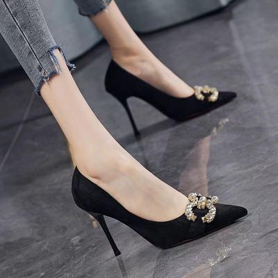 2025 New Black Rhinestone Sexy Thin Heel Suede High Heels Pointed Temperament Design French Single Shoes Women
