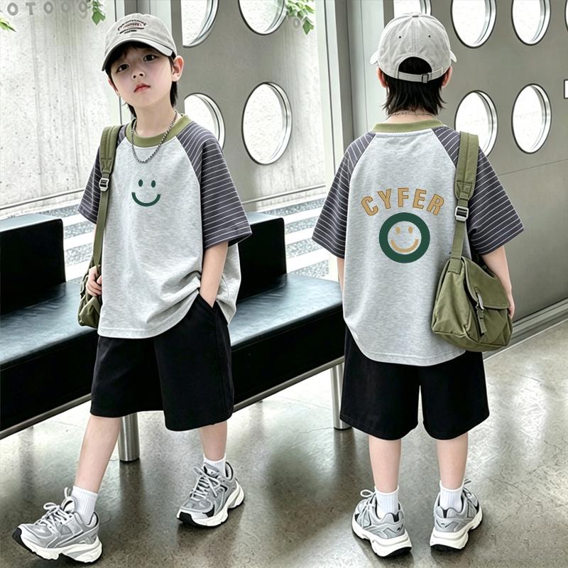 Boys' Cotton Striped T-Shirt Set - Short-Sleeve, Summer Style, Loose Fit, Color Block, Two-Piece for Kids