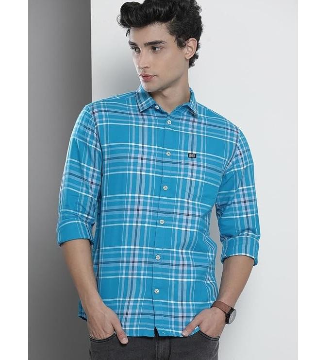 Men Slim Fit Checkered Full Sleeves Spread Collar Casual Shirt