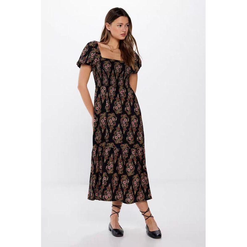 

Foreign Trade Order Exported to Spain French style Retro Puff sleeve Short sleeve Square Collar Print Cotton Silk Dress Midi dress Black 38