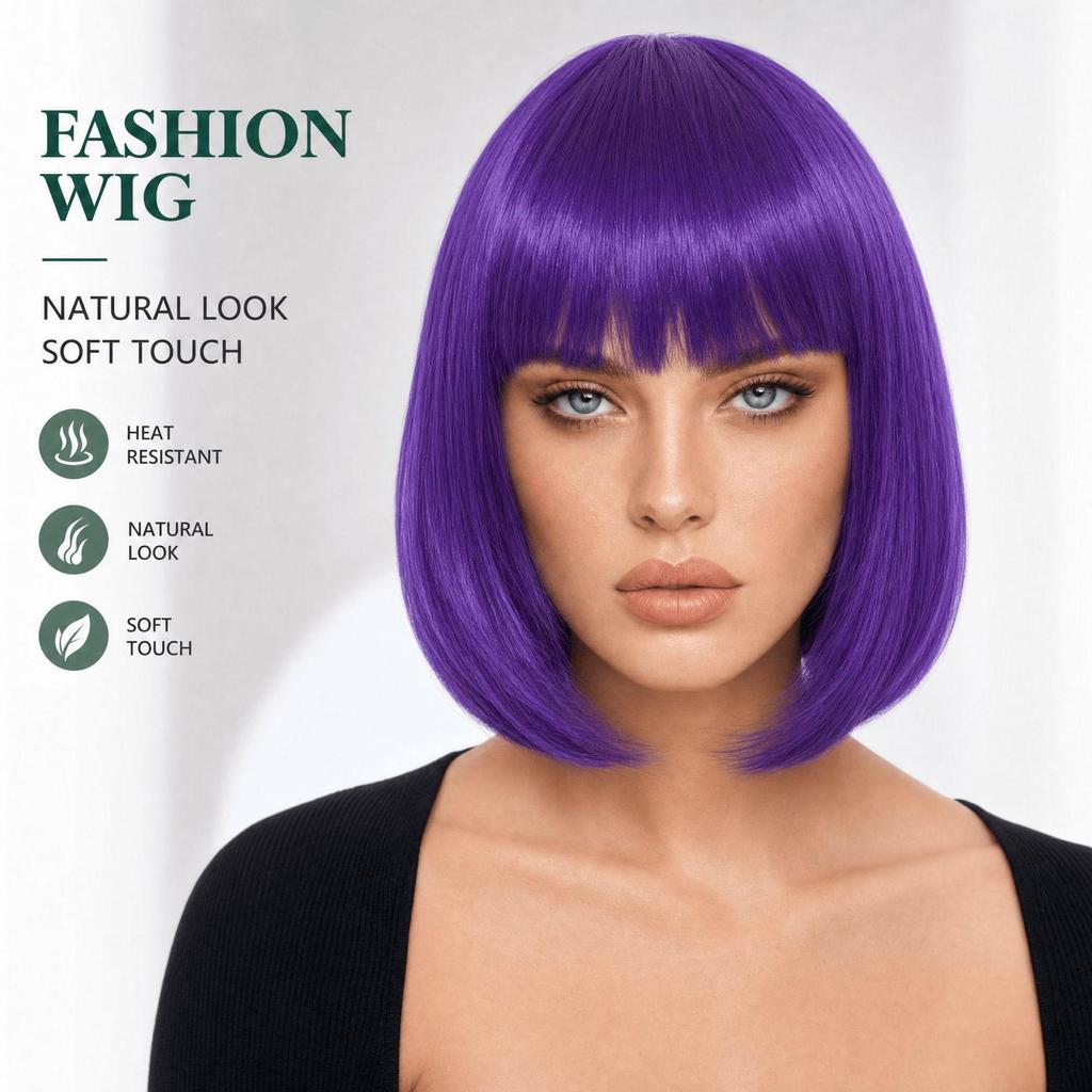European & American Women's Bob Cut Wigs with Bangs - Short, Colored, Anime-Inspired Headwear for Halloween