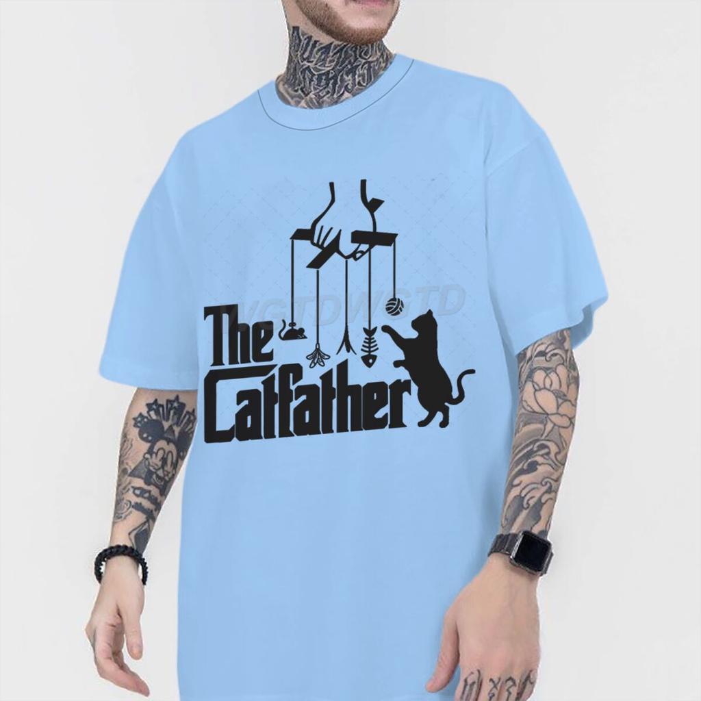 Vintage The Catfather Print T Shirt Men Fun Animal Cat Streetwear Short Sleeve Crewneck 100 Cotton Tshirts Fashion Kitten Tees