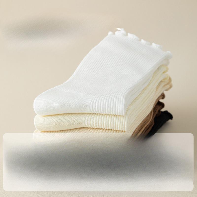 Women's Summer Mid-calf Socks, Anti-pilling Pure Cotton Socks, Black Fungus Lace Socks, Pile Socks