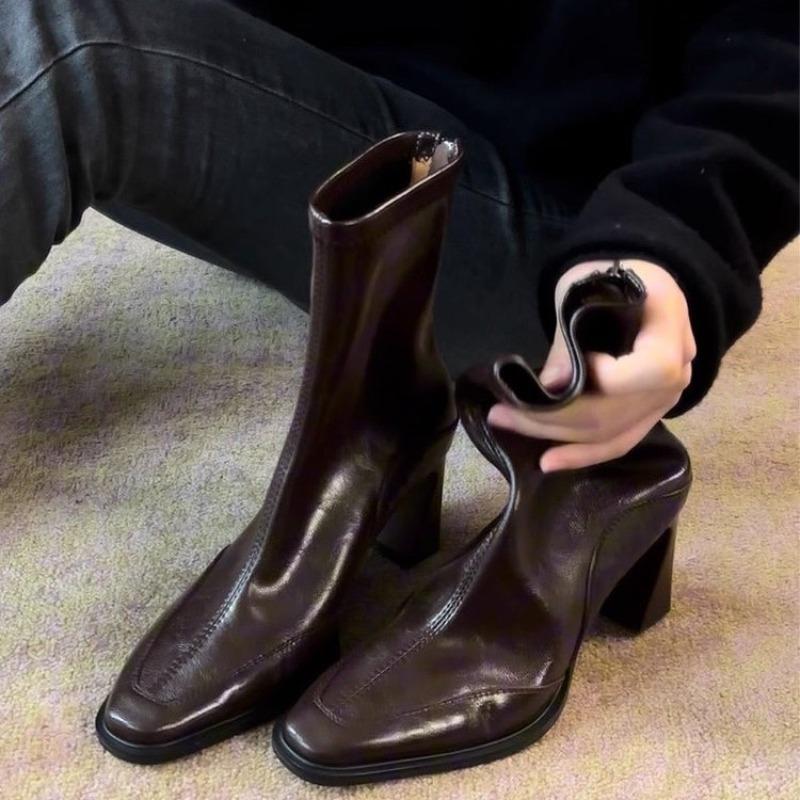 New Style Fashion Women's Vintage High Heels Women Ankle Boots Fashion Square Toe Short Booties Autumn Winter Ladies Shoes Boots