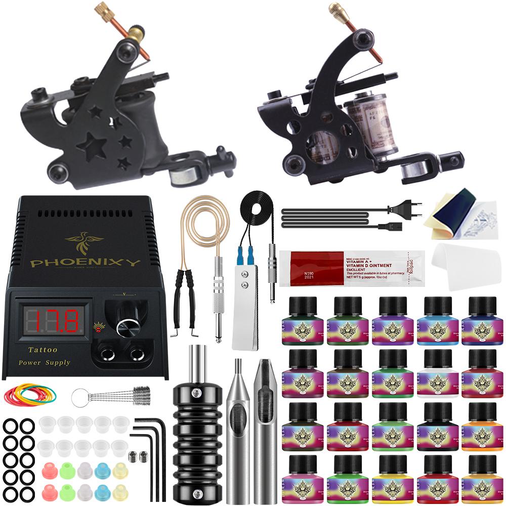 

Полный комплект тату-машины PHOENIXY, 2 шт., 6/10/20 цветов, чернила для татуировки, источник питания, аксессуары для татуировки, профессиональный набор для татуировки