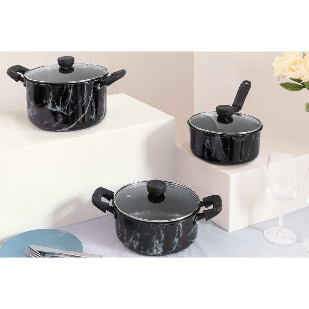 Bestco NX-152 Marble Kitchen 20cm Casserole Saucepan, Black, Marble Pattern, Induction/Gas Cookware