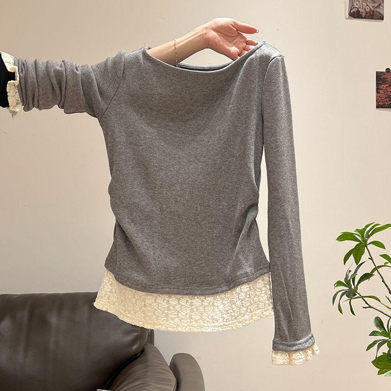 

Сладкий абрикосовый трикотажный топ с рюшами на талии и длинными рукавами XL (57-65 kg) серый