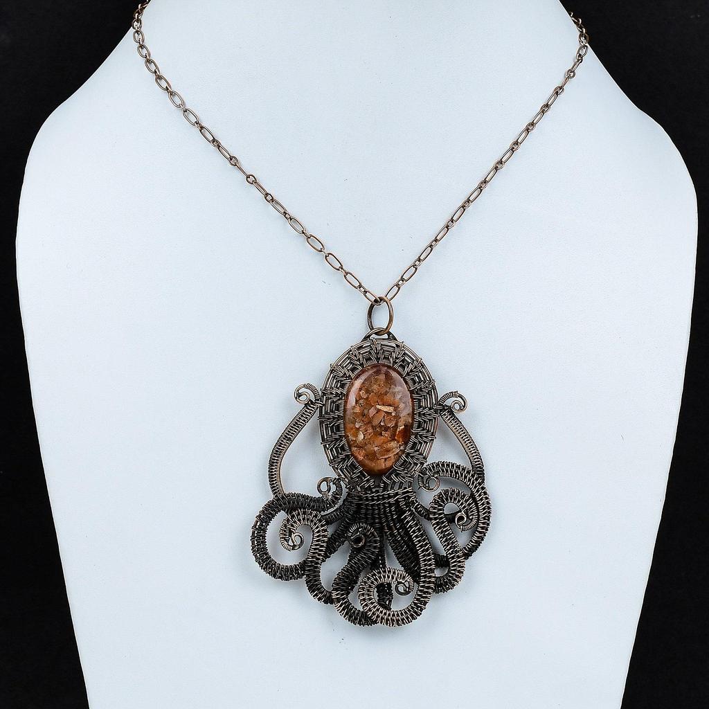 Sunstone Pendant Copper Wire Wrapped Pendant Natural Gemstone Jewelry Octopus Pendant Handmade Pendant Copper Wire Wrap Jewelry Gift For Her