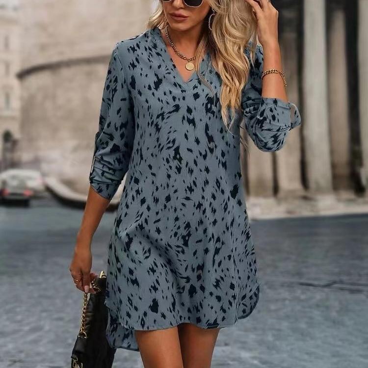 

QICED Весенне-летнее тонкое женское платье с леопардовым принтом и воротником-стойкой с длинными рукавами XL синий