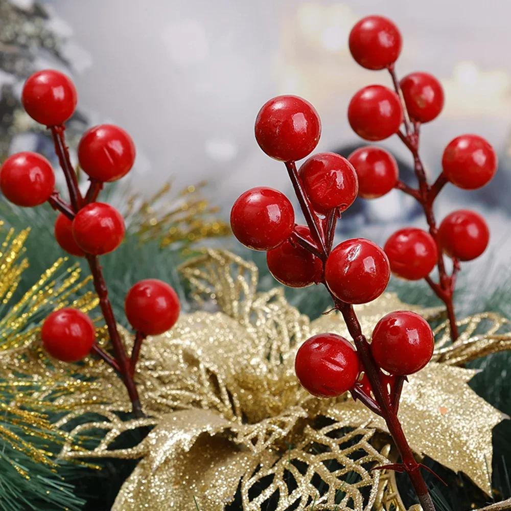 100/10PCS Red Artificial Berries Branch Christmas 7 Heads Holly Berry Stems DIY Craft Wreath New Year Party Xmas Tree Decoration