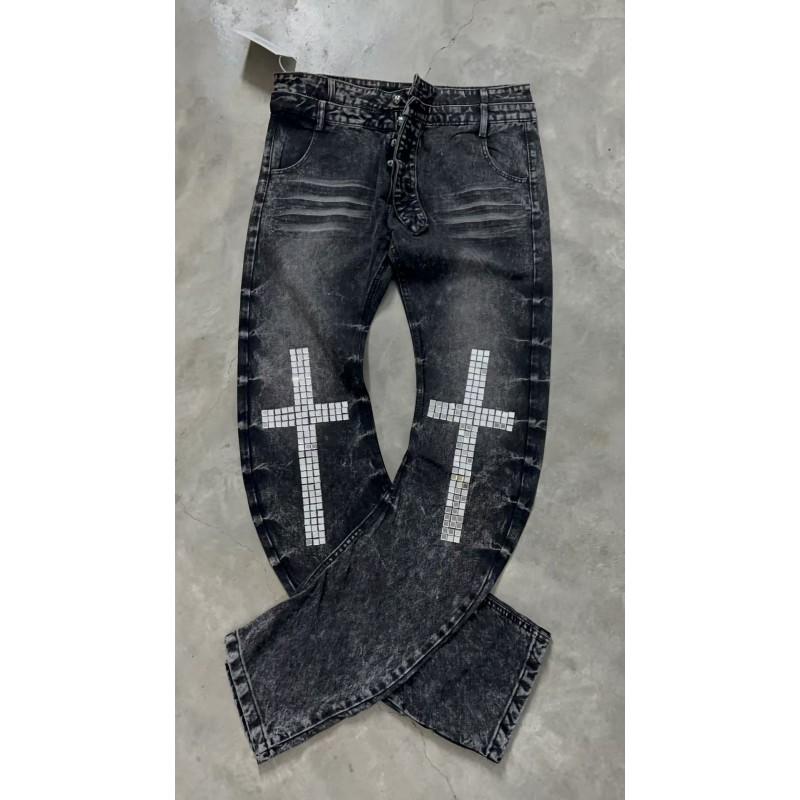 Mens Distressed Denim Jeans With Rhinestone