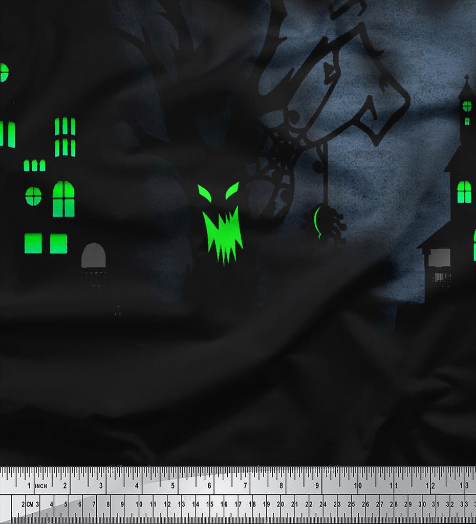 Soimoi Japan Crepe Satin Fabric Tree|Moon & Haunted House Panel Printed Craft Fabric by the Metre 42 Inch