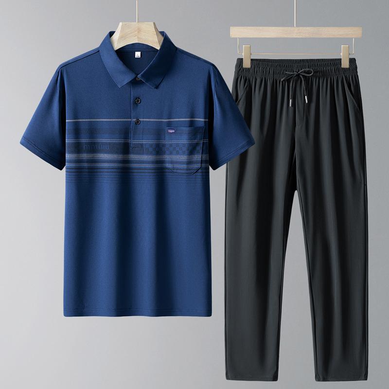 Costume de sport pour homme d'âge moyen et âgé, décontracté, en soie glacée, à manches courtes, ensemble deux pièces pour homme