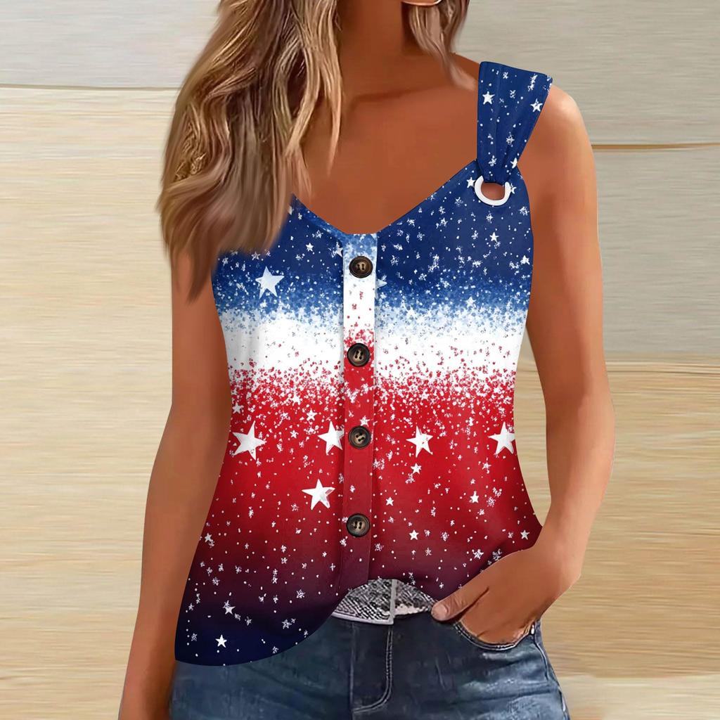 Women's Fashion Casual Loose Sleeveless Buttoned V-Neck Independence Day Printed T-Shirt Top