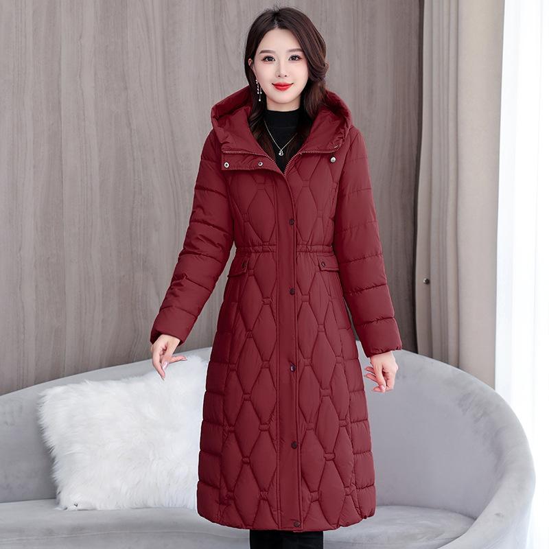 European Station Fattening Plus XL Large Size Waist Fashion Cotton Clothes Women's Knee Long Rhombus Thickened Warm Cotton Clothes