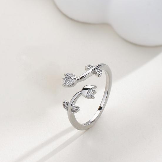 Yousheng Women Ring Temperament Shiny Rhinestone Inlaid Sparkling Adjustable Opening Decorative Gift Ladies Elegant Tulip Finger Ring Party Jewelry