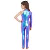 Girls Stage Performance Jumpsuit: Asymmetrical Metallic Mock Neck Mesh Patchwork Back Invisible Zipper Bodysuit Dancewear