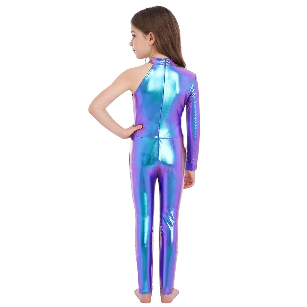 Girls Stage Performance Jumpsuit: Asymmetrical Metallic Mock Neck Mesh Patchwork Back Invisible Zipper Bodysuit Dancewear