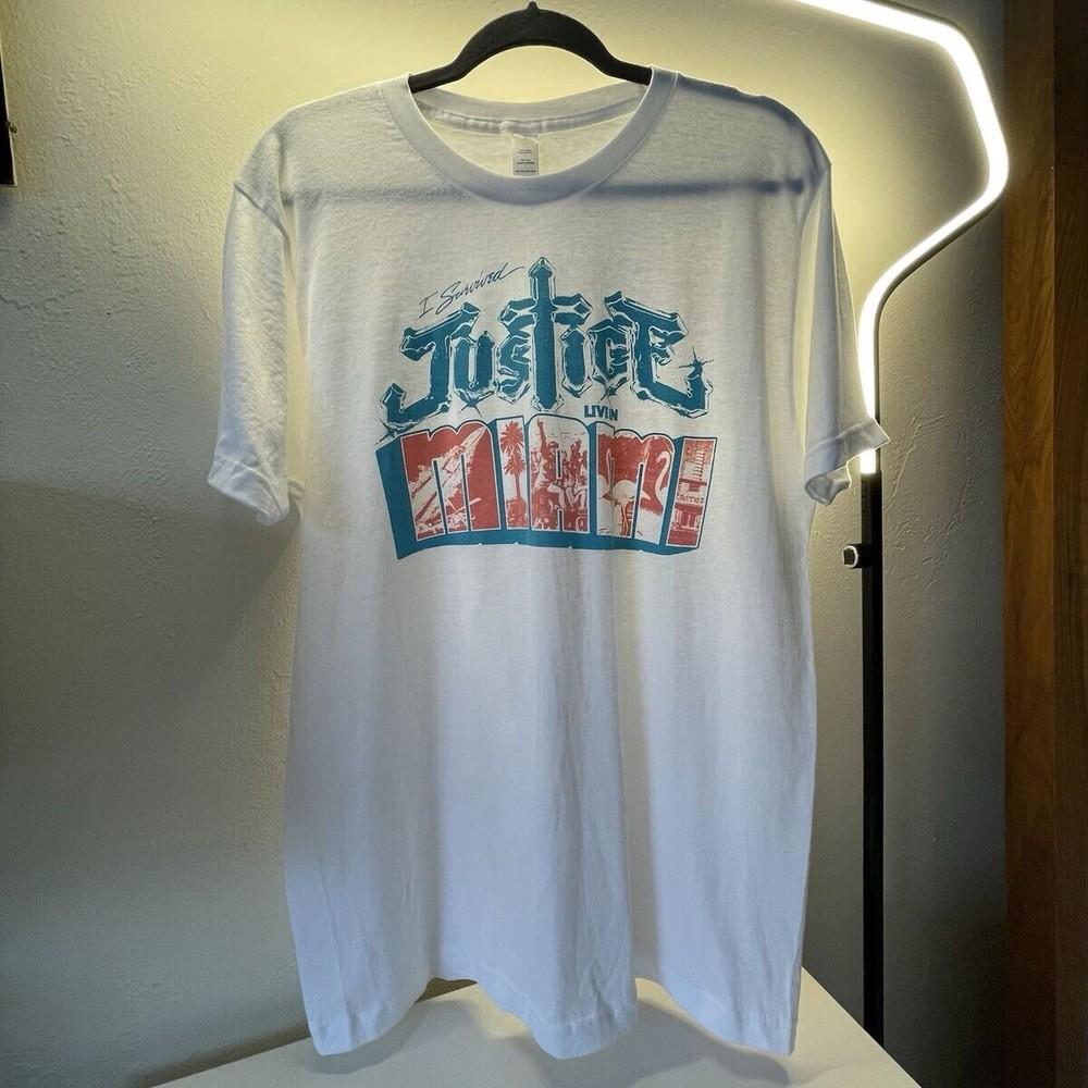 JUSTICE Band 2024 I Survived Miami Shirt White Unisex S-5XL ND757 Unisex T-Shirt XXL