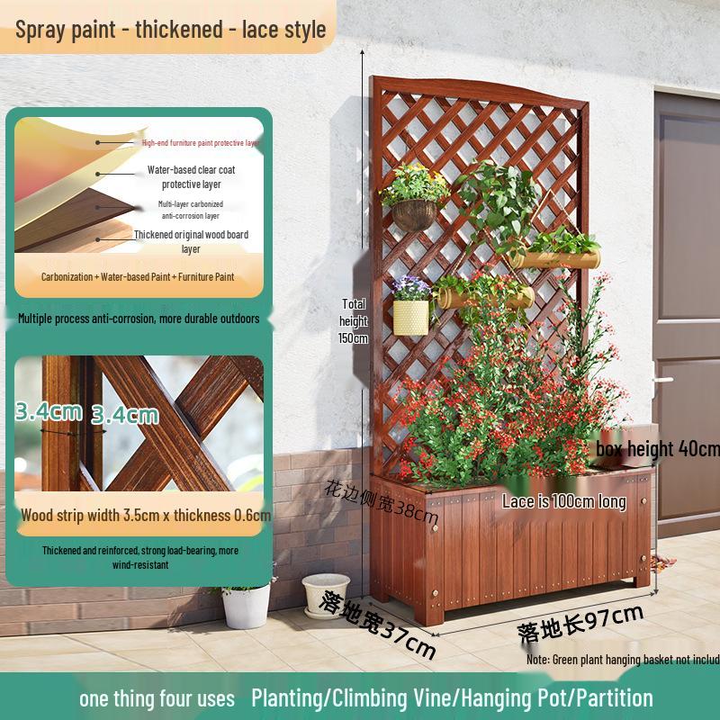 Carbonized Wooden Planter with Trellis: Outdoor Anticorrosive Flower Pot and Climbing Rack for Balcony or Garden.