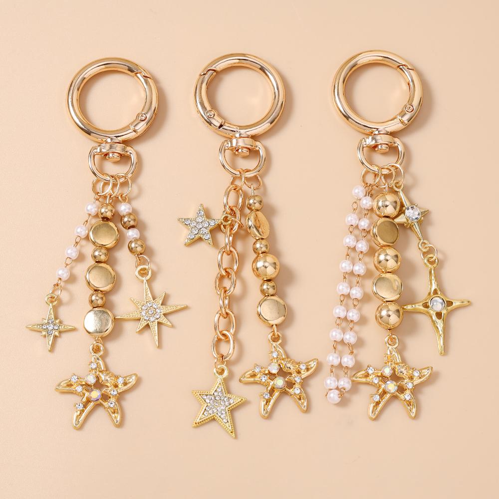 Cute Alloy Star Keychain Handmade Beaded Key Ring Pendants for Women Girls Handbag Decor DIY Key Chain Jewelry Gifts