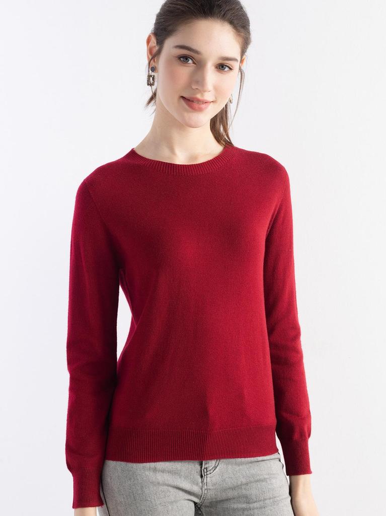 Women's Solid Color Wool Pullover Sweater - Round Neck, Long Sleeve, Versatile Base Layer Knitwear