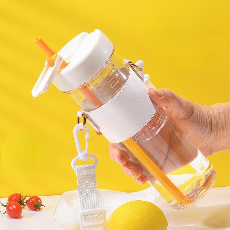 800ml Large Capacity Water Bottles with Strap Dry Wet Separation Fruit Lemon Filter Plastic Drinking Bottle with Straw Outdoor Sports Water Cup