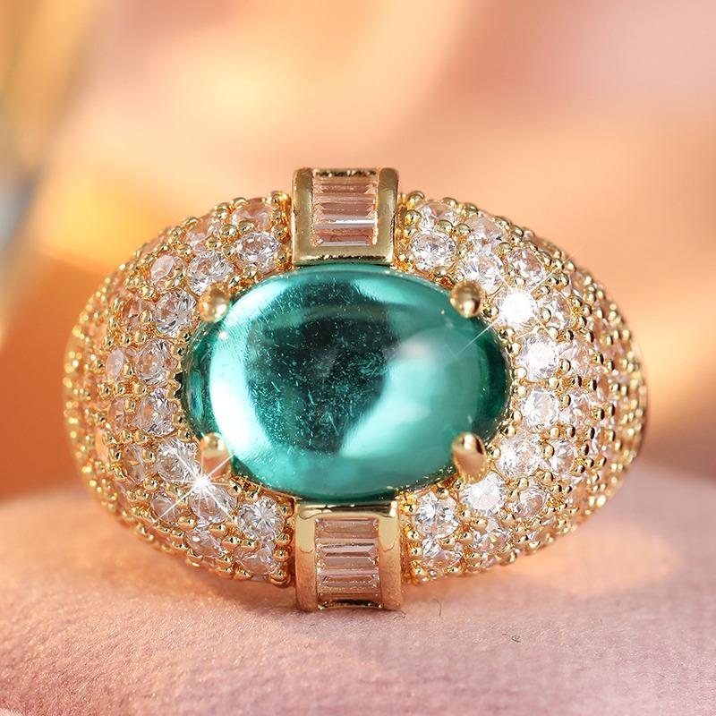 Luxury Inlaid White Green CZ Women's Ring Dazzling Gold Color Geometry Daily Wear Party Jewelry Anniversary Gift