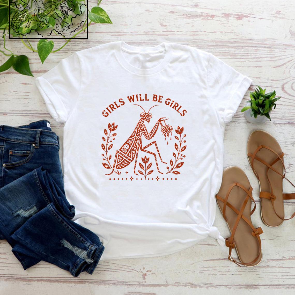 Girls Will Be Girls Praying Mantis T-Shirt Feminist Insect Graphic Tee Vintage Botanical Mantis Shirt Nature Lover Gift S белый