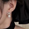 Korean Elegant Rhinestone Pearl Bow Drop Earrings for Women