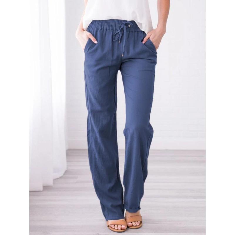 Spring Summer Women Trousers Solid Color Cotton Linen Pants Loose Casual Wide Leg Drawstring Pants
