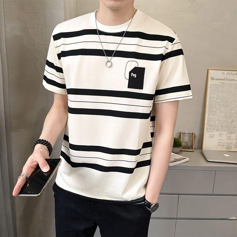 

Korean Contrasting Colors Striped T-shirts Men s Clothing Casual Round Neck Summer Basic Short Sleeve American Retro Pullovers L белый