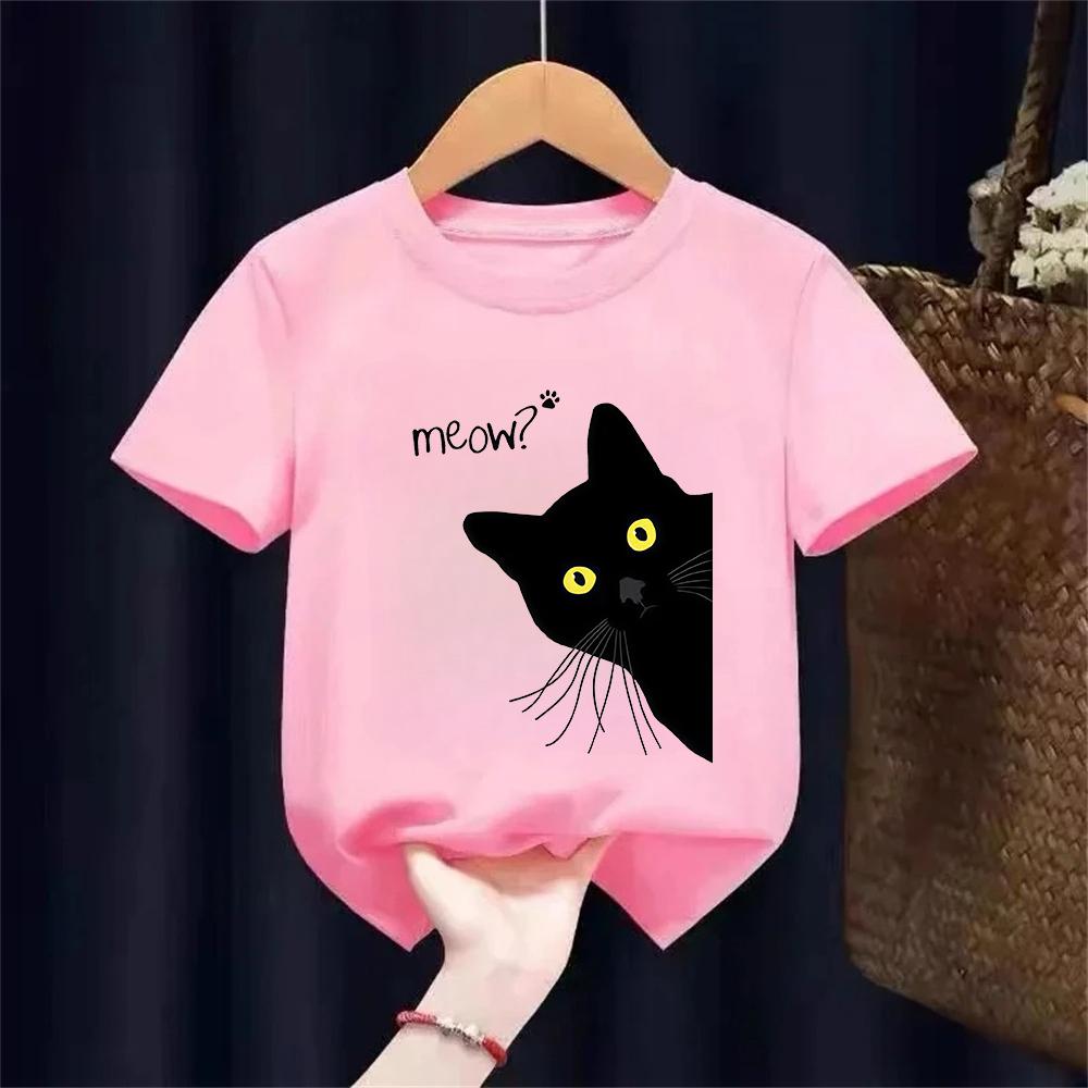Kids Tshirt 100 Cotton Summer Meow Black Cat Print T Shirt Casual Oneck Boys Girls Tshirt Short Sleeve Tshirt Tees