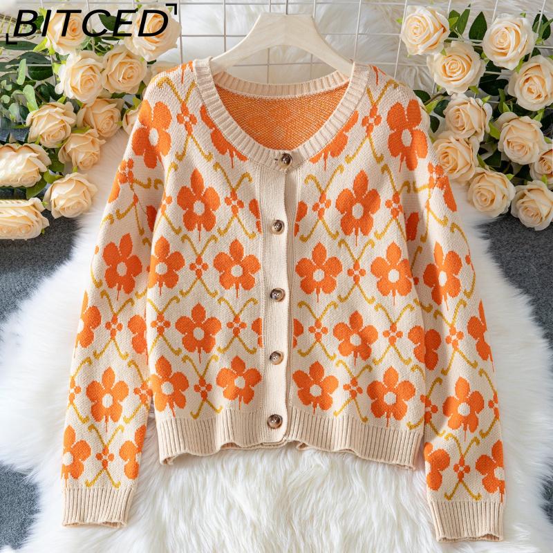 

BITCED Floral Jacquard Autumn/Winter Women s Sweater Elegant Button-Front Long-Sleeved Knitted Cardigan XL абрикосовый