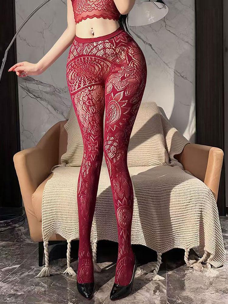 Schwarz Rote Blume Lolita Damen Socken Klassische Spitze Netz Strumpfhose mit Bodenteil Lolita Rattan Strumpfhose One Size brown