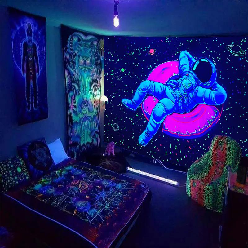 1pc Astronaut Space Fluorescent Tapestry, UV Black Light Space Alien Tapestry, Cool Galaxy Space Starry Sky Hanging