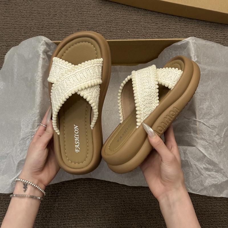 Thick bottom with skirt cool slippers women's summer wear new retro vacation seaside beach cross slippers