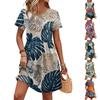 Damen Kurzarm Rundhals Lässiges Hawaiianisches Druck-Taillenkleid mit Taschen Sommer Entspannte Passform Strandstil Kleid