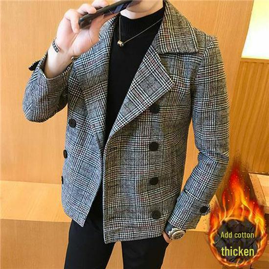 Men's Slim Double-Breasted Plaid Wool Trench Coat – Stylish Korean Suit Collar