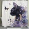 1pc Artistic Black Cat with Butterflies & Flowers Shower Curtain - Digital Printed Polyester, Non-Perforated, Machine Washable B