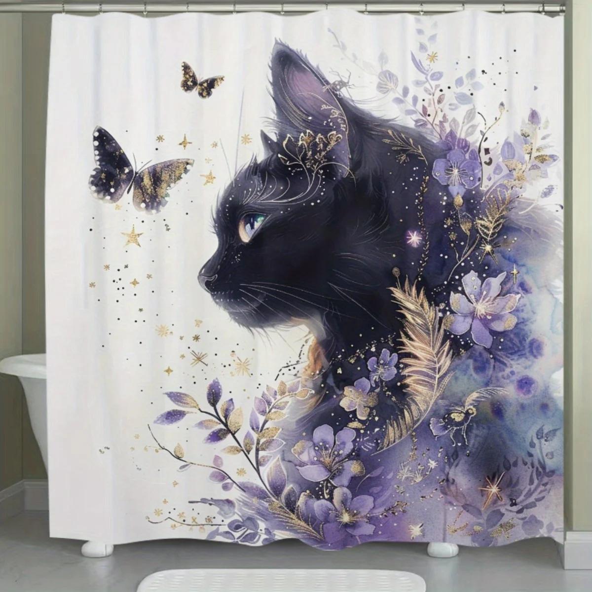 

1Pc Artistic Black Cat With Butterflies & Flowers Shower Curtain - Digital Printed Polyester, Non-Perforated, Machine Washable B W60H190(CM)-1 Pcs