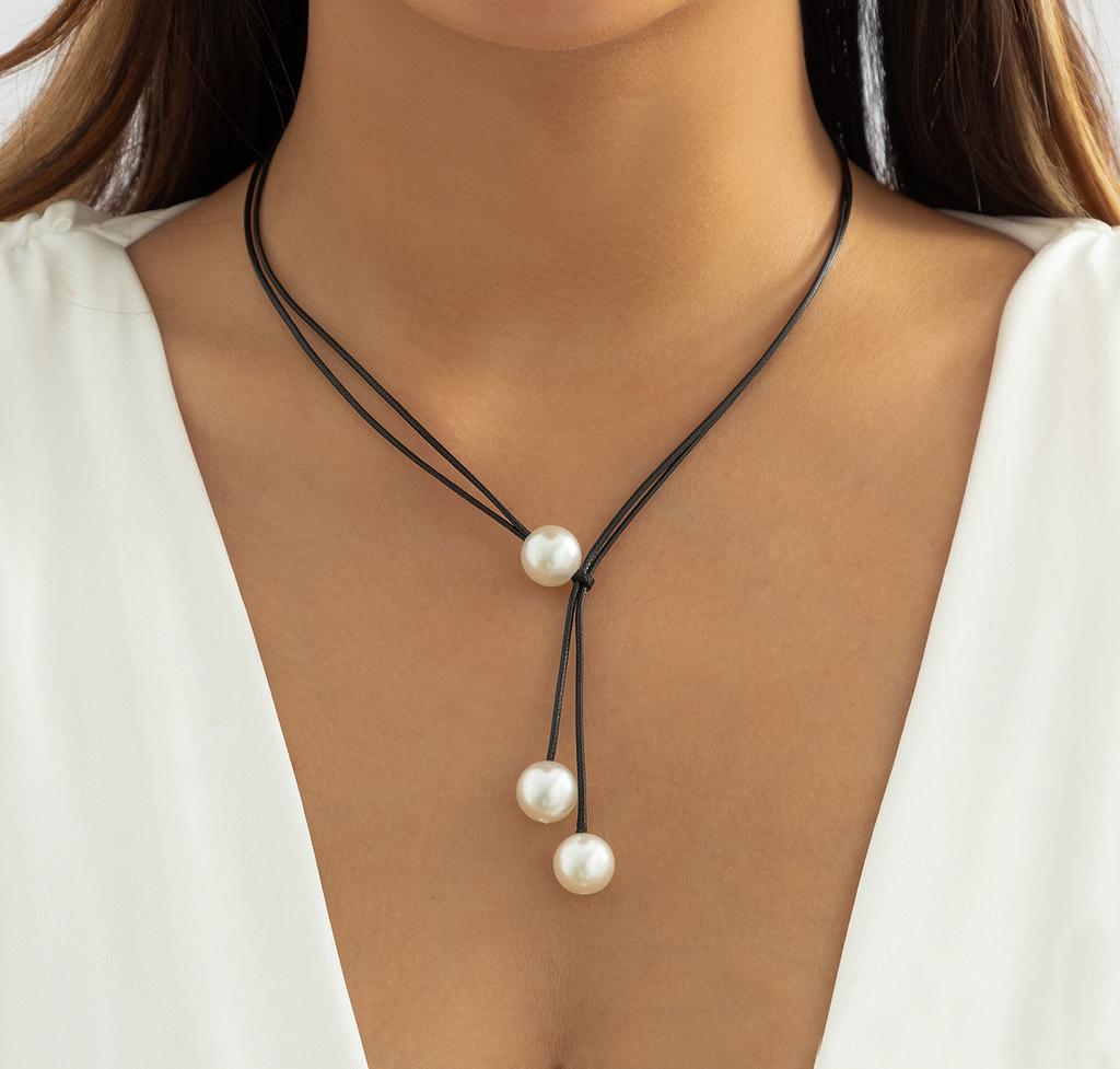 Mode, eenvoud, imitatieparel, sleutelbeenketting, dubbele laag, waxdraad, veelzijdige ketting voor dames