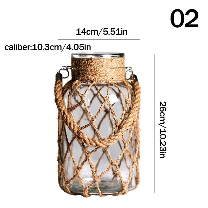 Hand Glass Vase Dry Flower Decor Woven Hemp Rope Vase Art Retro Hydroponics Vase Transparent Living Room Decor Table Ornament