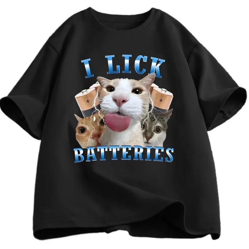 

I Lick Batteries Funny Cat Graphic T Shirts Cotton Short Sleeve O Neck T-shirt Casual Fashion Man T-shirt Short Sleeve Summer S разноцветный